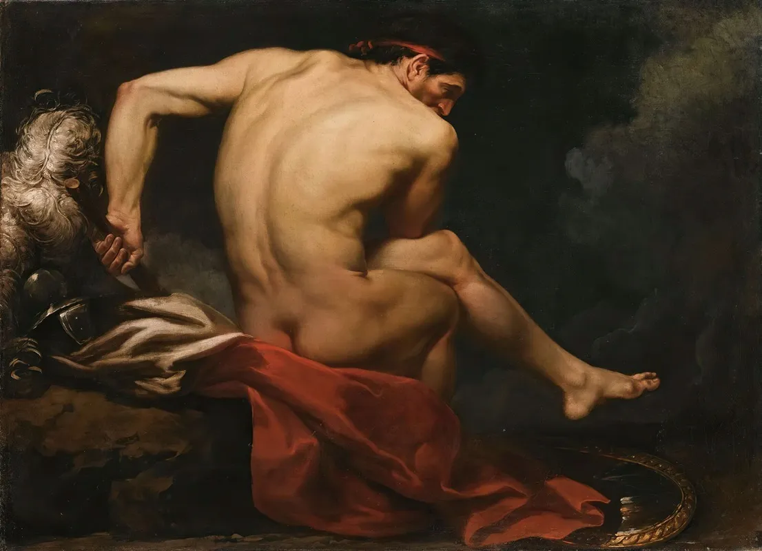 A Naked Warrior Seated On A Rock Beside His Shield And Plumed Helmet Wall Art by Circle of Jean-Germain Drouais - High-Resolution Digital Print
