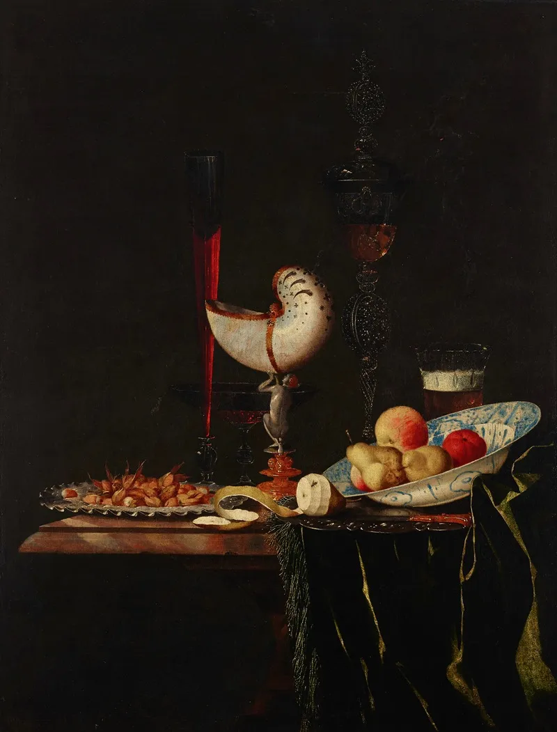 A Nautilus Cup A Flute A Facon De Venise And A Wine And Beer Glass With Nuts On A Silver Charger Wall Art by Johann Georg Hinz - High-Resolution Digital Print