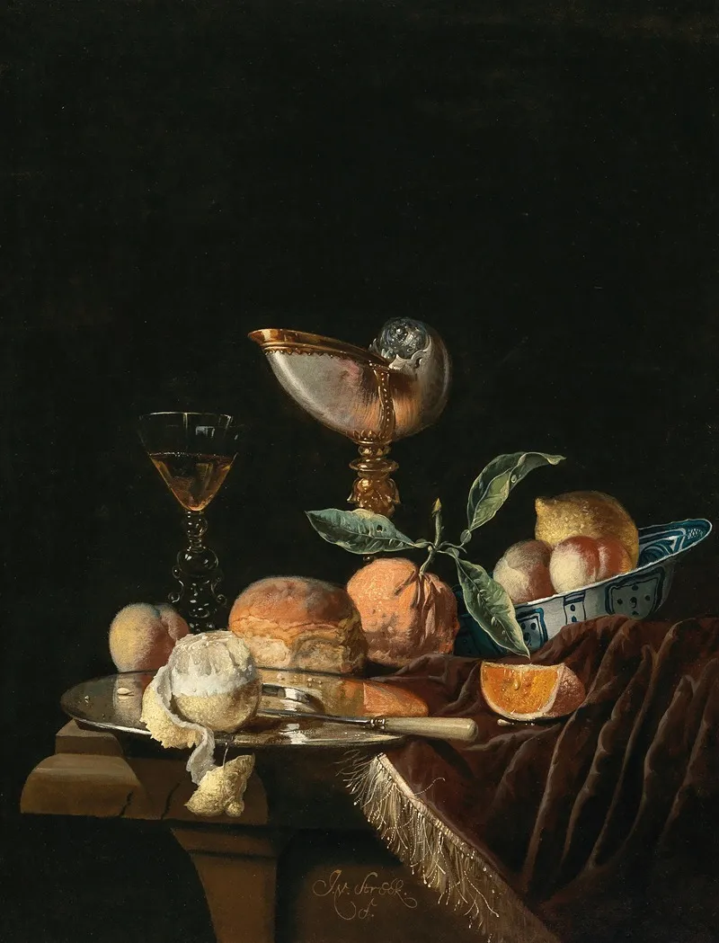 A Nautilus Cup A Wan Li Kraak Porcelain Bowl With Mixed Fruit A Silver Salver And A Glass Of Wine On A Stone Table With A Velvet Cover Wall Art by Juriaen van Streeck - High-Resolution Digital Print