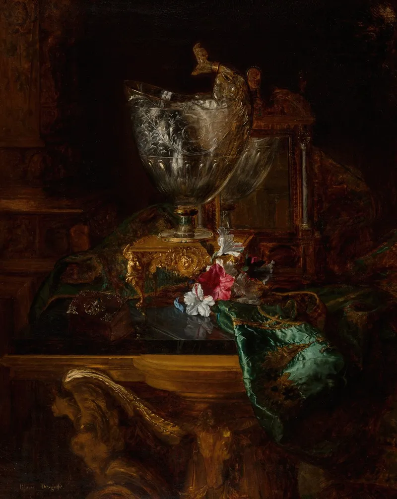A Nautilus Cup On A Carved Stand With A Floral Still Life Wall Art by Blaise-Alexandre Desgoffe - High-Resolution Digital Print