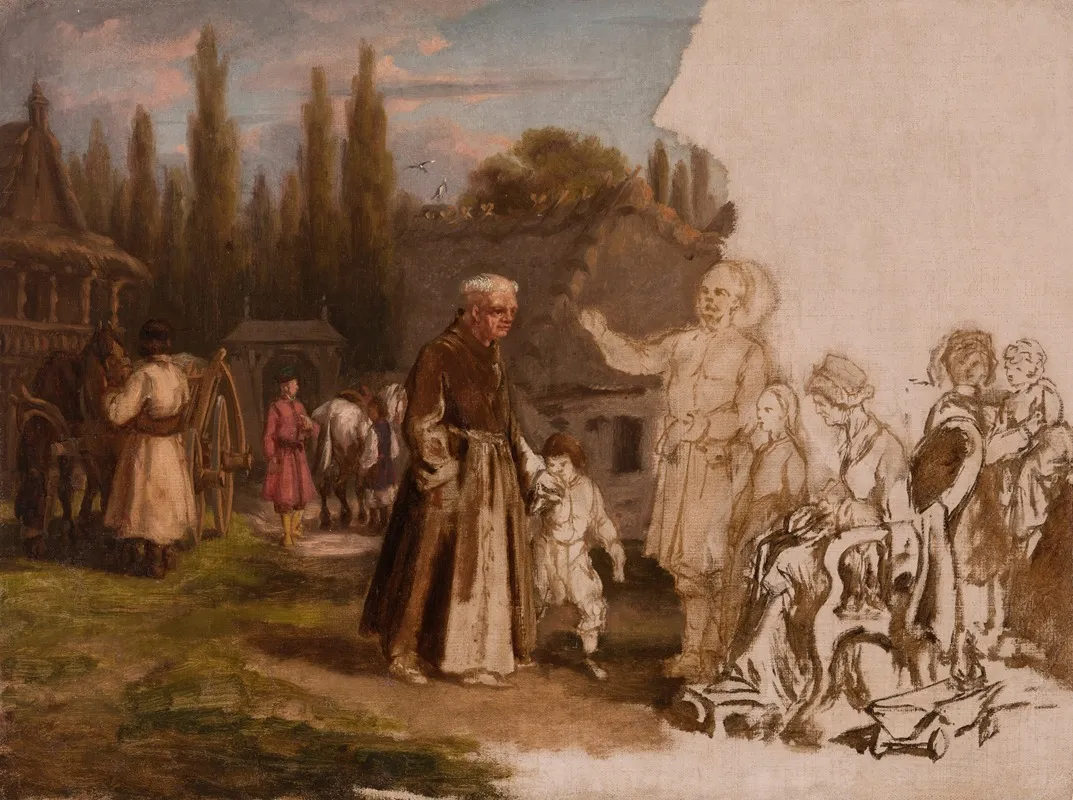 A Noblemans Family And A Monk Wall Art by Michał Elwiro Andriolli - High-Resolution Digital Print