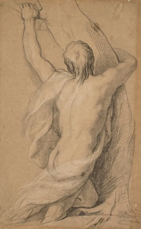 A Nude Study Of Man Seen From The Back Clasping To A Tree
