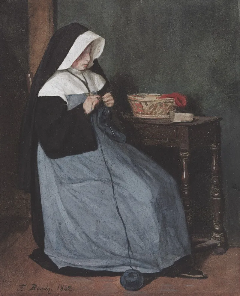 A Nun Seated At A Table Knitting