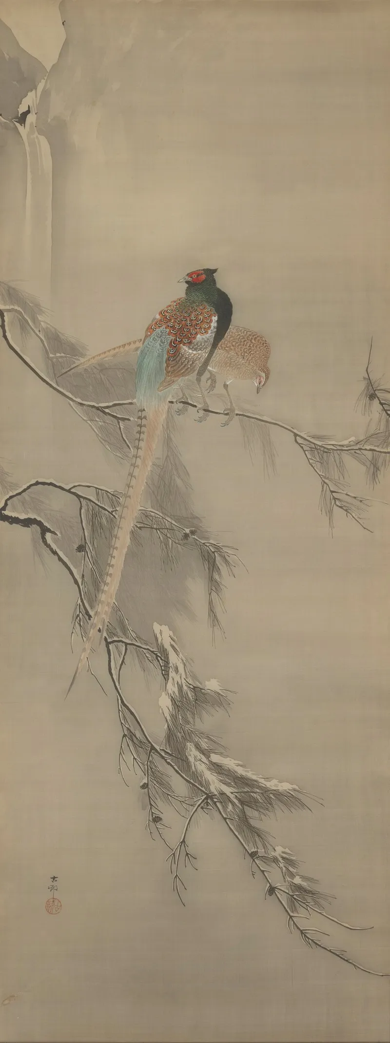A Pair Of Pheasants On Snowy Branches Wall Art by Ohara Koson - High-Resolution Digital Print
