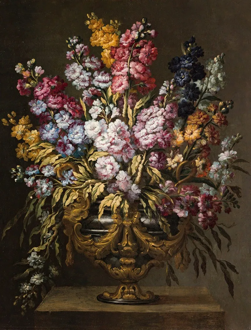 A Pair Of Still Lifes Of Flowers In Elaborate Gilt Urns Each On A Stone Pedestal Wall Art by Gabriel de la Corte - High-Resolution Digital Print