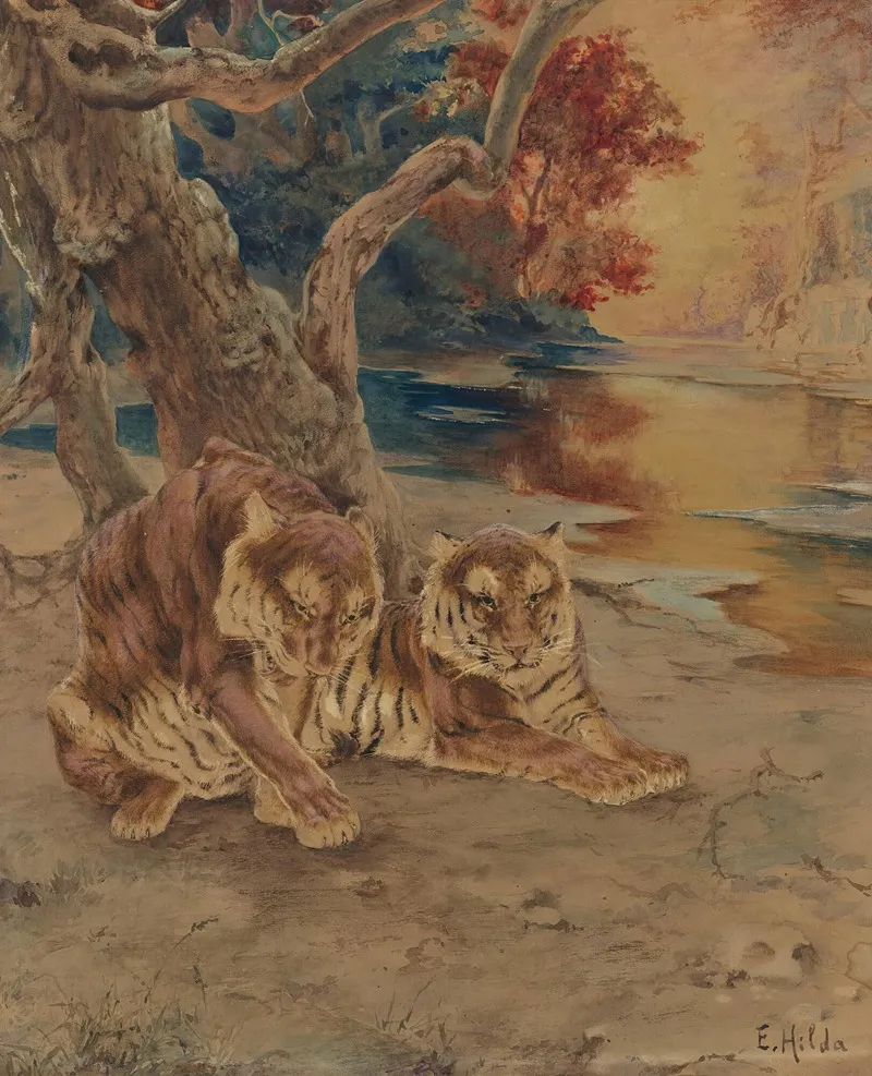 A Pair Of Tigers Resting Under A Tree Wall Art by E. Baily Hilda - High-Resolution Digital Print