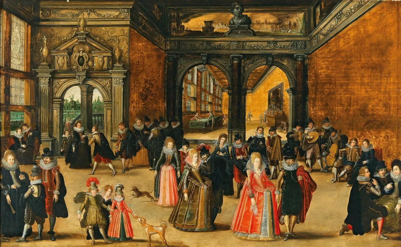 A Palace Interior With An Elegant Company Wall Art by Workshop of Louis de Caullery - High-Resolution Digital Print