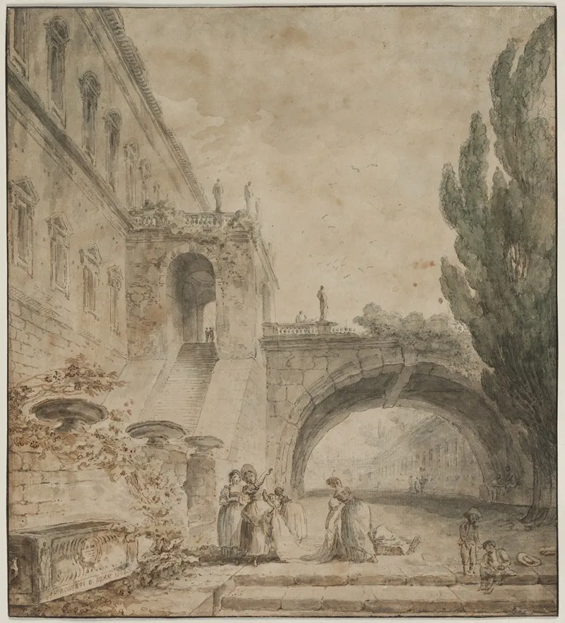 A Palace With An Arched Bridge A Roman Villa Wall Art by Hubert Robert - High-Resolution Digital Print