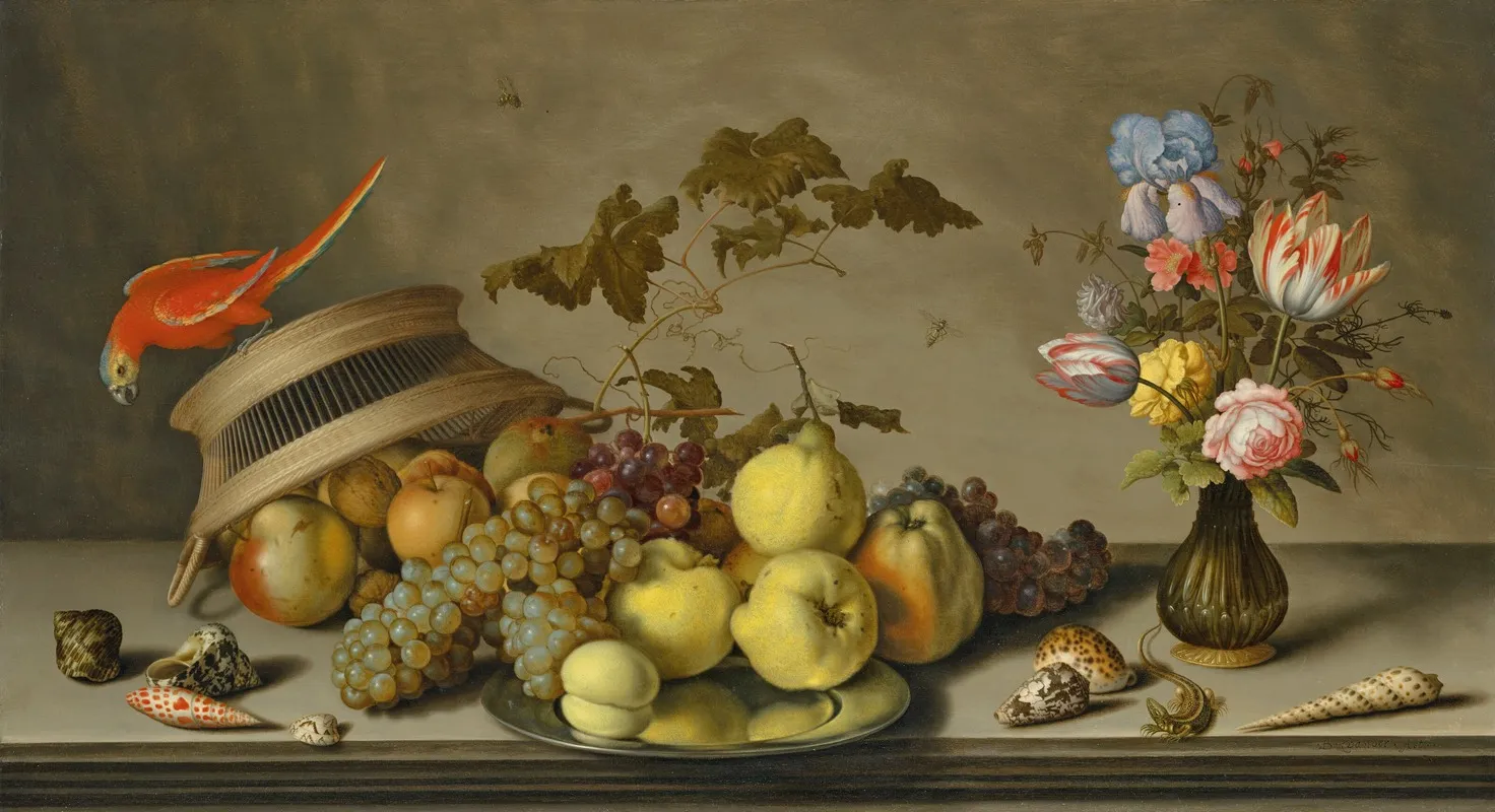 A Parakeet On An Upturned Basket With Fruit A Pewter Plate And Shells On A Stone Ledge Wall Art by Balthasar van der Ast - High-Resolution Digital Print