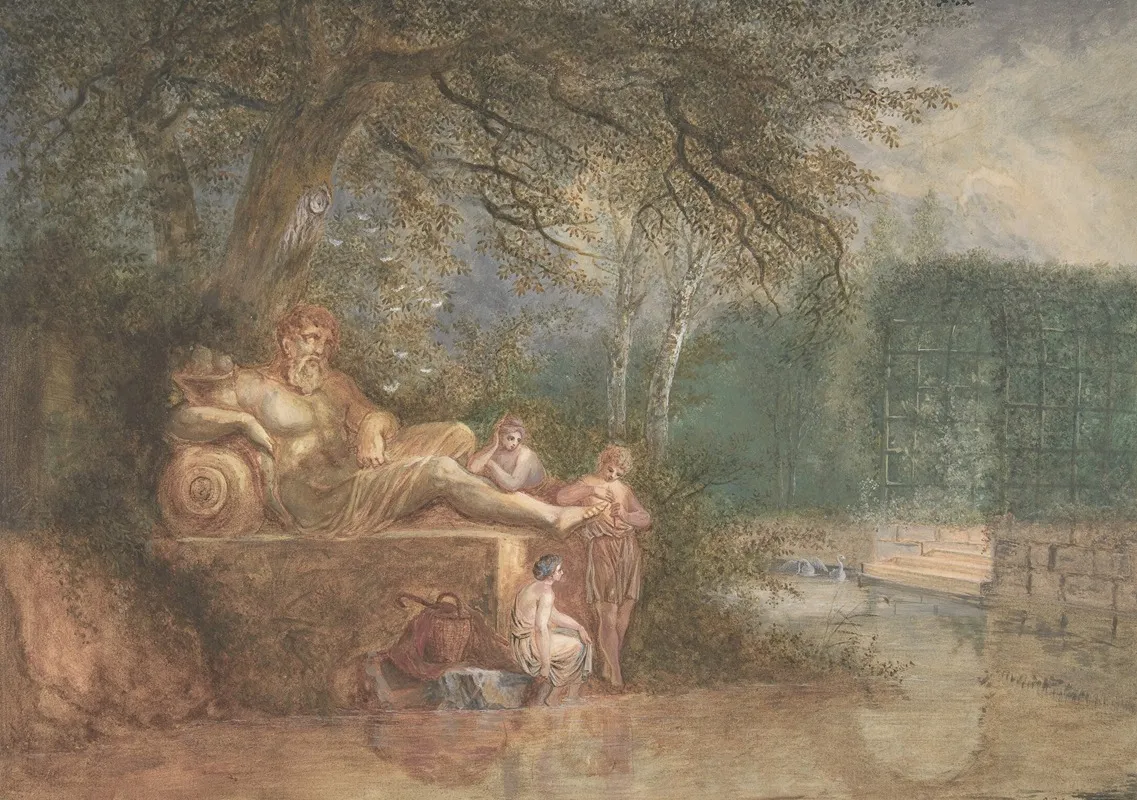 A Park With Figures At A Statue Near Water