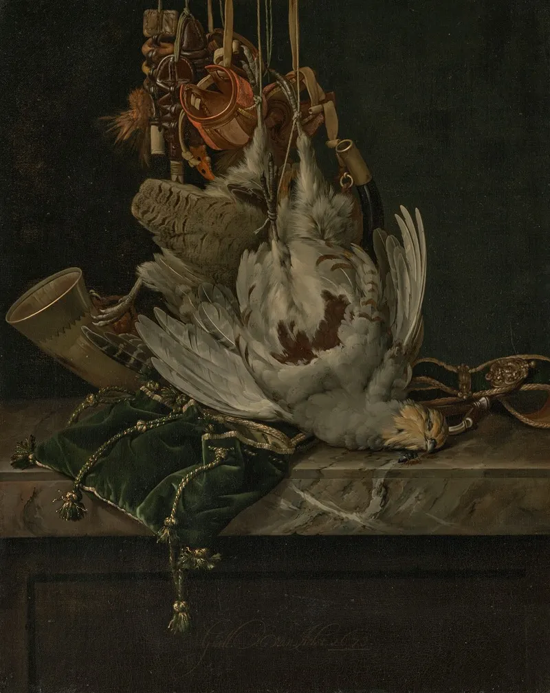 A Partridge A Hunting Horn Hawking Hoods And A Gold Trimmed Green Velvet Hunting Bag Hanging Above A Marble Ledge Wall Art by Willem van Aelst - High-Resolution Digital Print