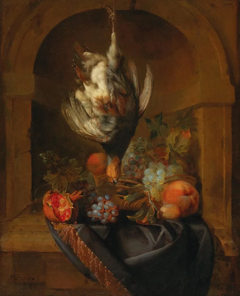 A Partridge And Fruit In A Partially Draped Niche Wall Art by Jan Weenix - High-Resolution Digital Print