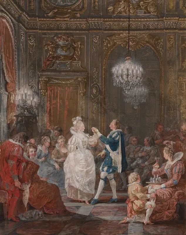 A Party In A Louis Xvi Interior Lit By A Candelabra And A Torchere With A Couple Dancing The Minuet