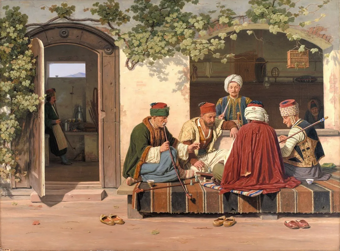 A Party Of Chess Players Outside A Turkish Coffeehouse And Barbershop