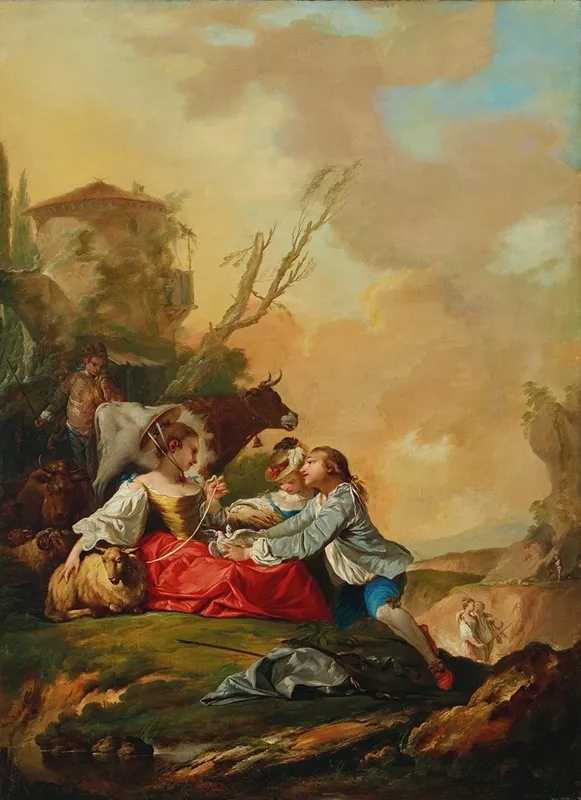 A Pastoral Scene With A Boy Offering A Shepherdess Doves In A Rocky Landscape Wall Art by Jean Barbault - High-Resolution Digital Print
