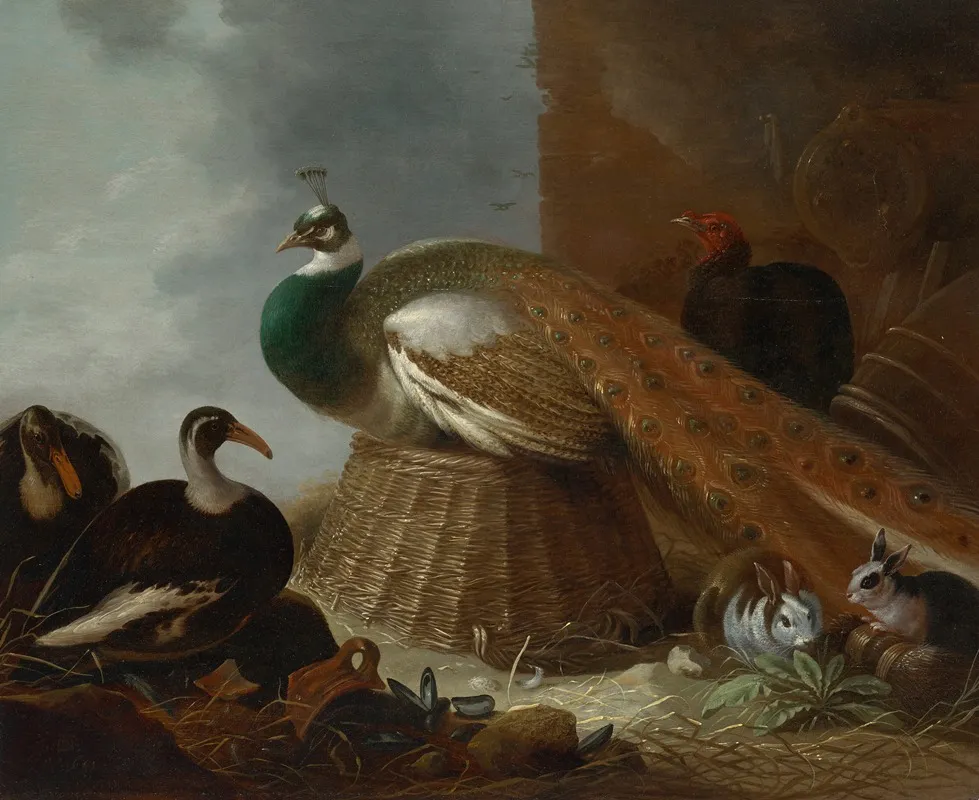 A Peacock A Pair Of Ducks Rabbits And A Turkey In A Landscape Wall Art by Gijsbert Gillisz. de Hondecoeter - High-Resolution Digital Print
