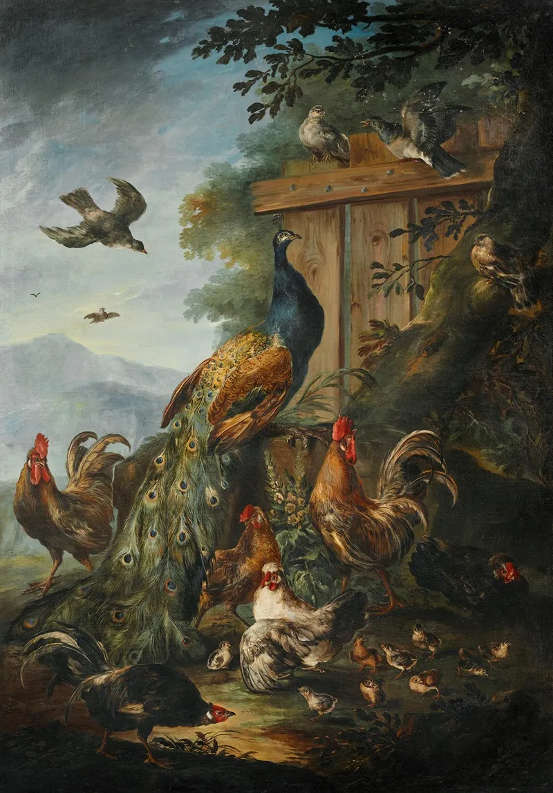 A Peacock Cocks Hens And Other Birds With A Landscape Beyond Wall Art by Giovanni Crivelli - High-Resolution Digital Print
