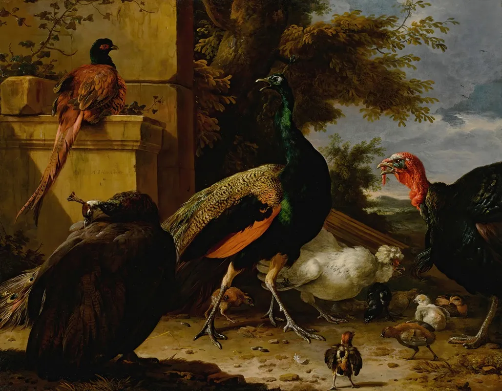 A Peacock Pea Hen Pheasant Turkey Cockerel And Chick By A Wall A Landscape Beyond Wall Art by Melchior d'Hondecoeter - High-Resolution Digital Print