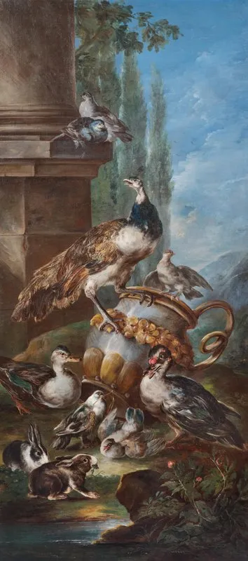 A Peacock Pigeons Ducks And Rabbits In An Idealised Landscape Wall Art by Angelo Maria Crivelli - High-Resolution Digital Print