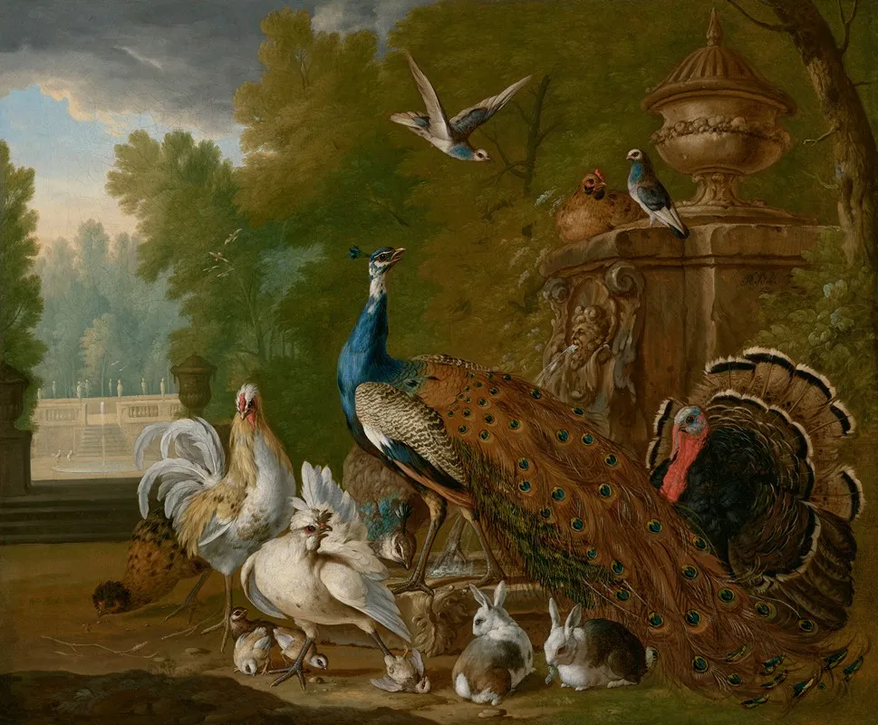 A Peacock Turkey Cockerel Hen Pigeons Other Birds And Rabbits In A Park Landscape Wall Art by Pieter Casteels III - High-Resolution Digital Print