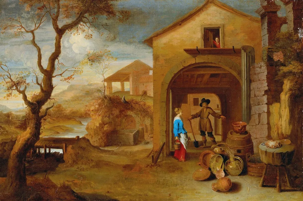 A Peasant Couple Conversing In A Farmyard Wall Art by Gillis Peeters the Elder - High-Resolution Digital Print