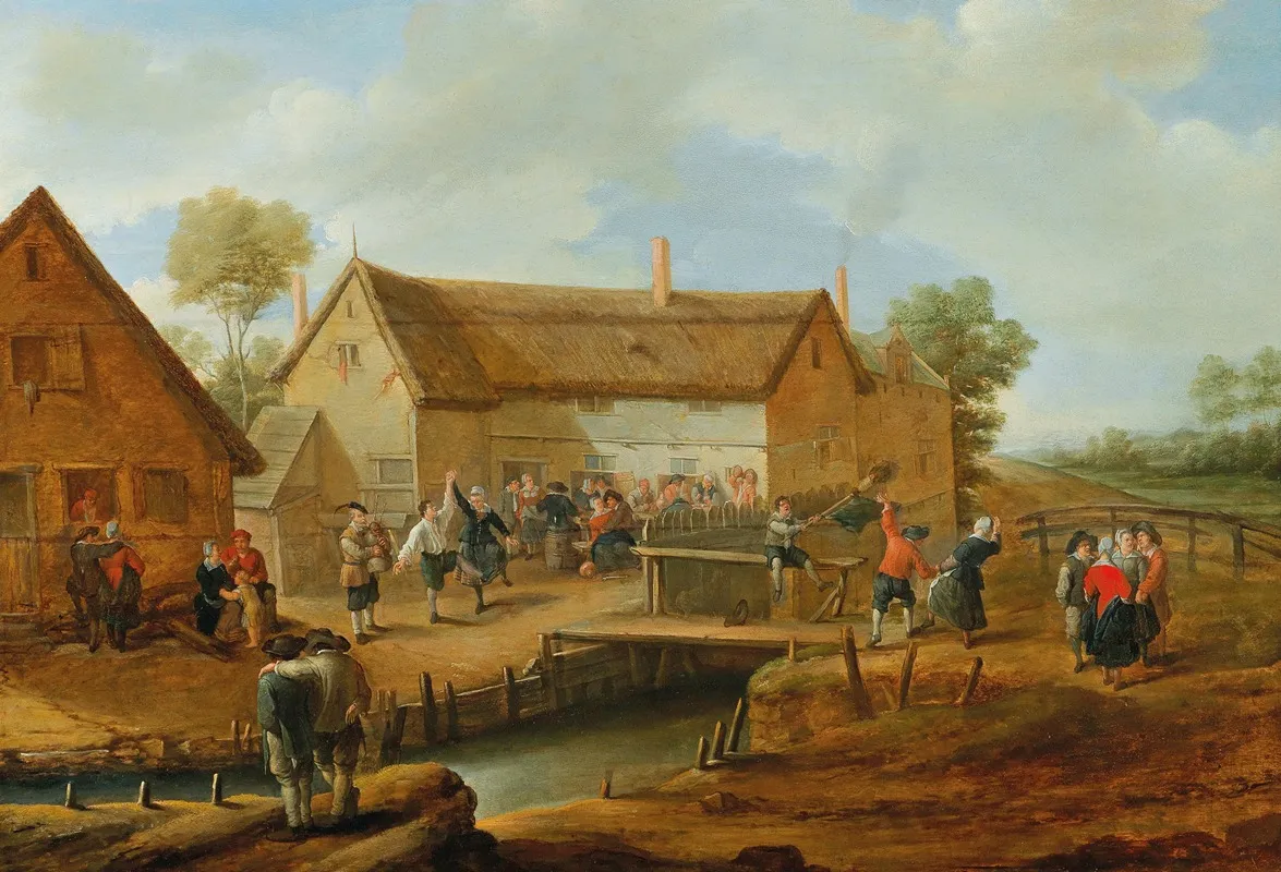 A Peasant Dance Outside A Farmhouse Wall Art by Antoon Overlaet - High-Resolution Digital Print