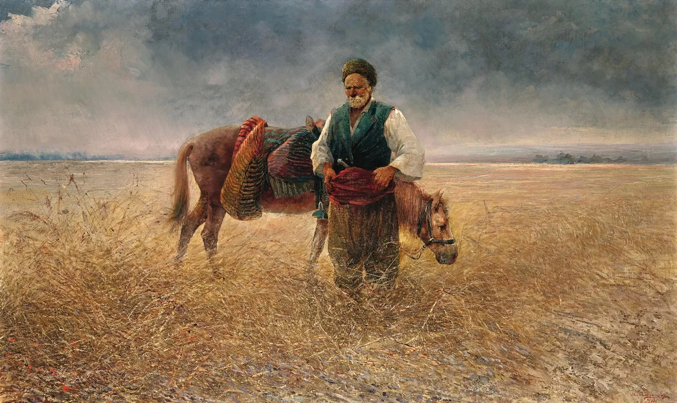 A Peasant With A Donkey In A Field Wall Art by Ivan Angelov - High-Resolution Digital Print