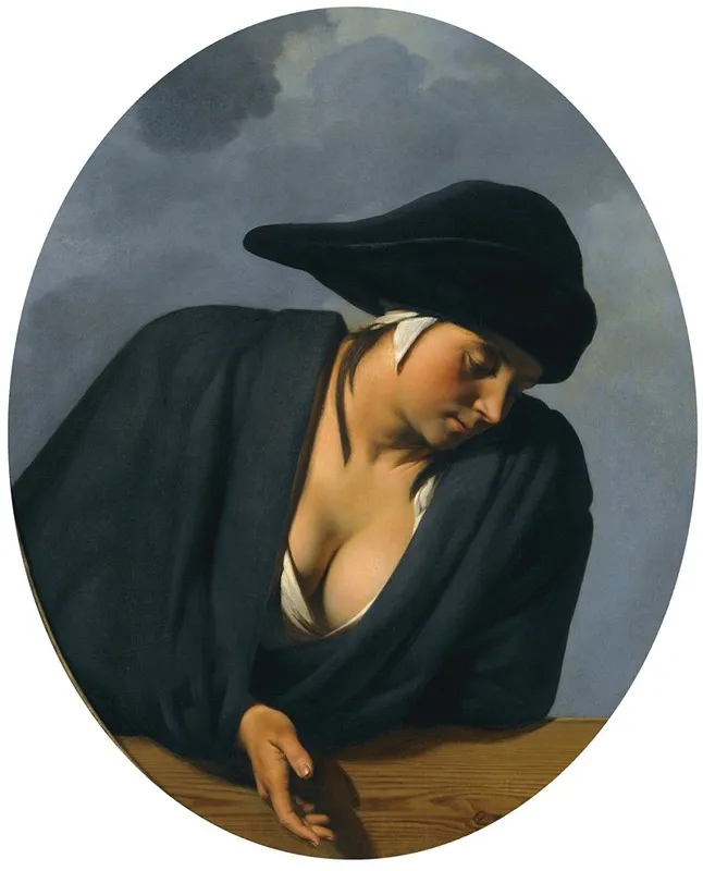 A Peasant Woman Wearing A Black Hat Leaning On A Wooden Ledge Wall Art by Caesar Van Everdingen - High-Resolution Digital Print