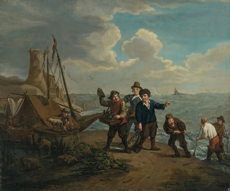 A Peddler Hawking Spirits To Fishermen Along A Windy Shoreline Wall Art by Jan Josef Horemans the Younger - High-Resolution Digital Print