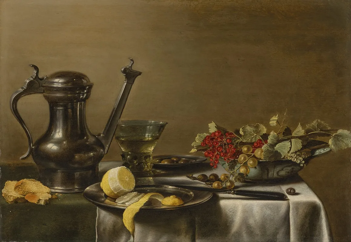 A Peeled Lemon On A Pewter Plate A Pewter Wine Jar A Roemer Gooseberries And Redcurrants In A Dish A Knife On A Partially Draped Table Wall Art by Pieter Claesz - High-Resolution Digital Print