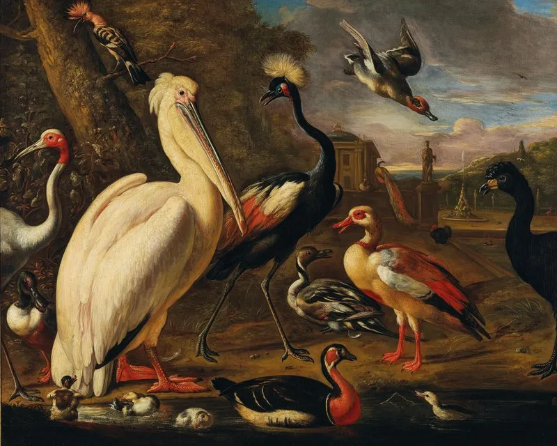 A Pelican And Other Birds By The Water Wall Art by Associate of Melchior de Hondecoeter - High-Resolution Digital Print