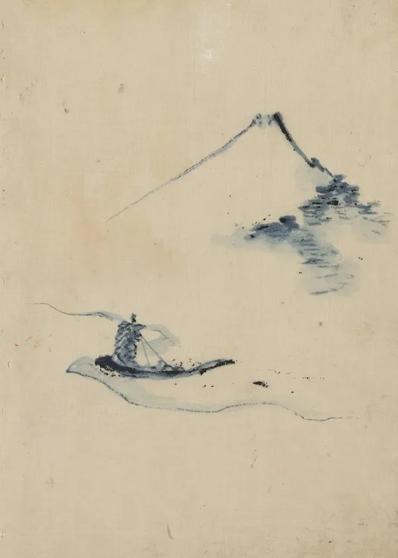A Person In A Small Boat On A River With Mount Fuji In The Background Wall Art by Katsushika Hokusai - High-Resolution Digital Print