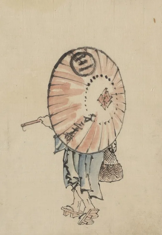 A Person Walking To The Left Mostly Obscured By An Open Parasol Carried Over The Shoulder Wall Art by Katsushika Hokusai - High-Resolution Digital Print