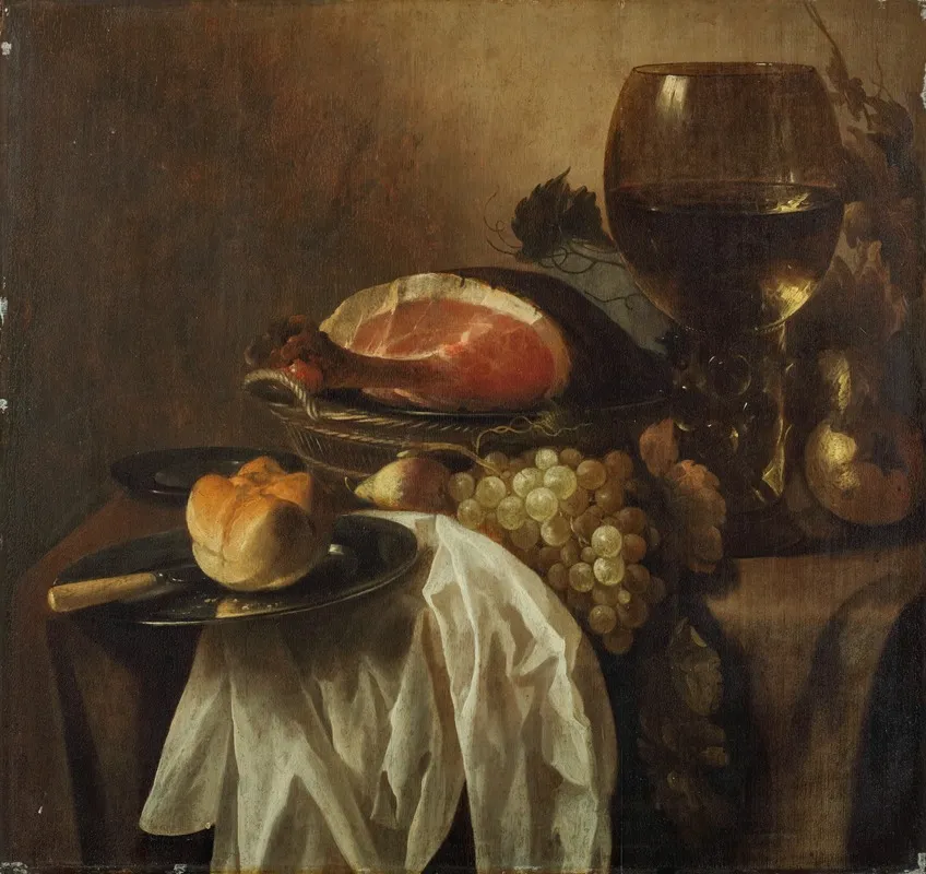 A Pewter Platter With A Knife And Bread Roll A Wicker Basket With A Joint Of Ham Grapes And A Pear A Roemer Of Wine On A Partly Draped Table Wall Art by Cornelis Kruys - High-Resolution Digital Print