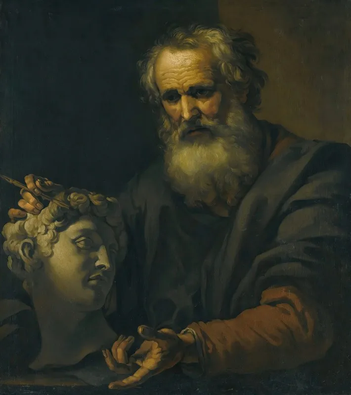 A Philosopher Deep In Thought Holding A Sculpted Head