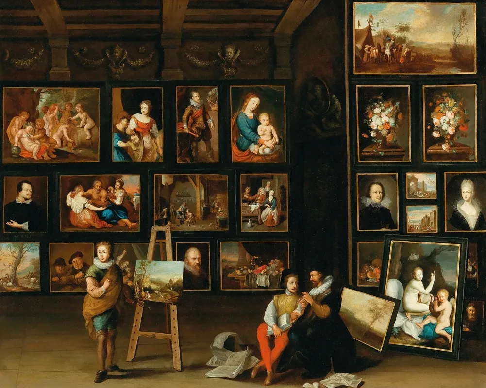 A Picture Gallery With Two Collectors And A Painter At His Easel Wall Art by Anton Franz Hampisch - High-Resolution Digital Print