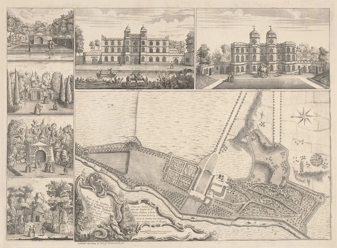 A Plan Of The Gardens View Of Ye Buildings Of Ye Right Honorable Henry Pelham Esqr At Echa In Ye County Of Surrey Wall Art by John Rocque - High-Resolution Digital Print