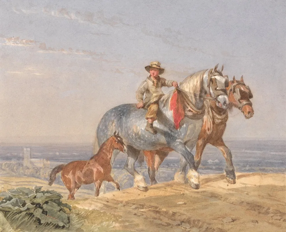A Ploughboy Riding One Of A Pair Of Draught Horses Up A Hill