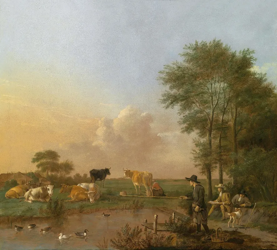 A Pond Landscape With A Draughtsman A Fisherman And Grazing Cattle