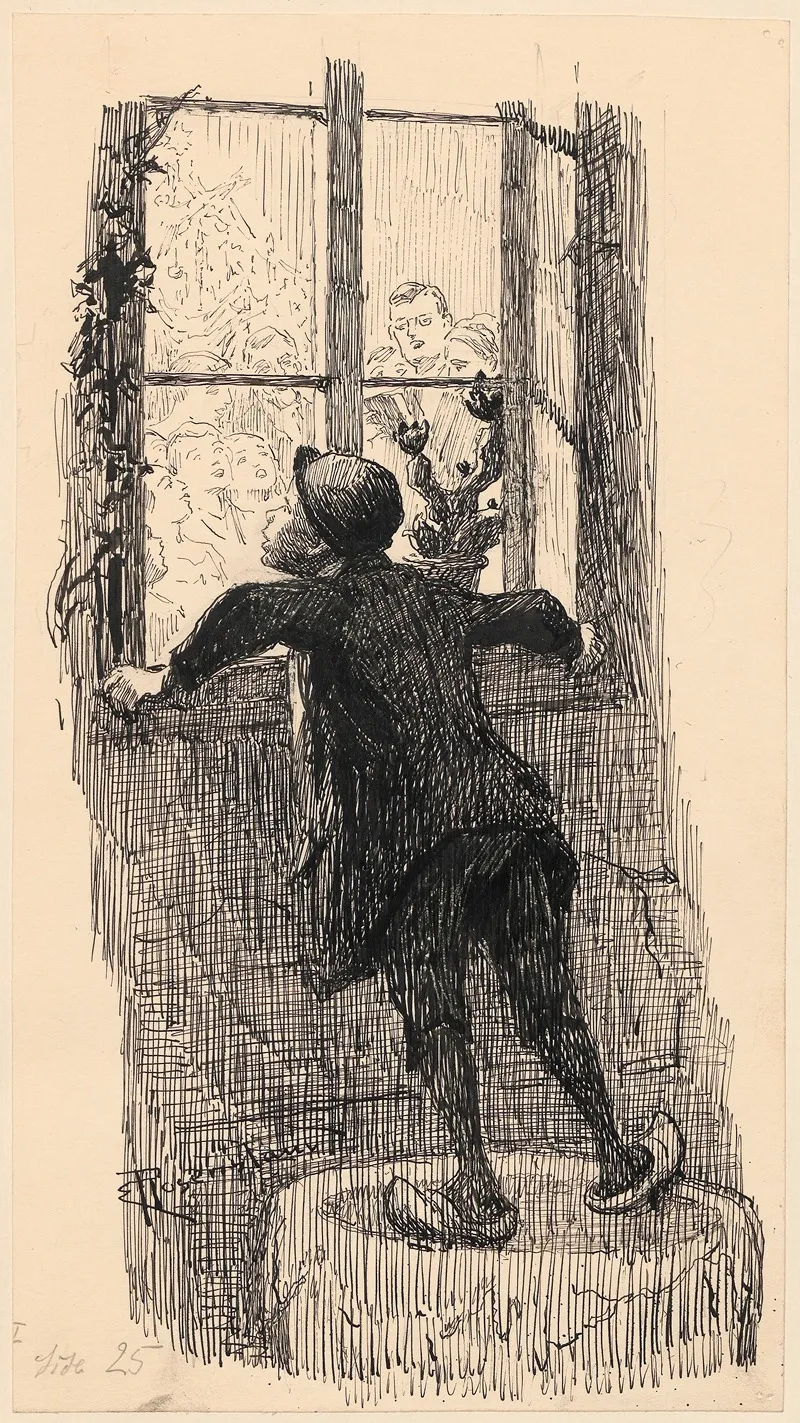 A Poor Boy Looks Through A Window At A Family Celebrating Christmas Wall Art by Christian Emil Rosenstand - High-Resolution Digital Print