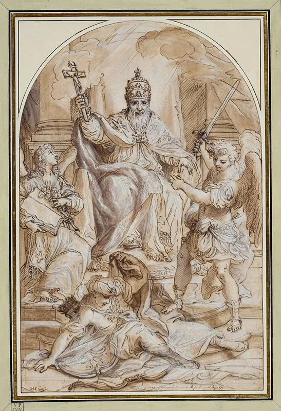 A Pope Enthroned And Flanked By An Angel With A Book And St Michael Slaying A Turk Wall Art by Andrea Proccaccini - High-Resolution Digital Print