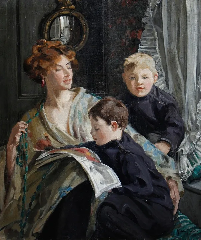 A Portrait Of A Mother And Her Two Sons Wall Art by Hilda Fearon - High-Resolution Digital Print