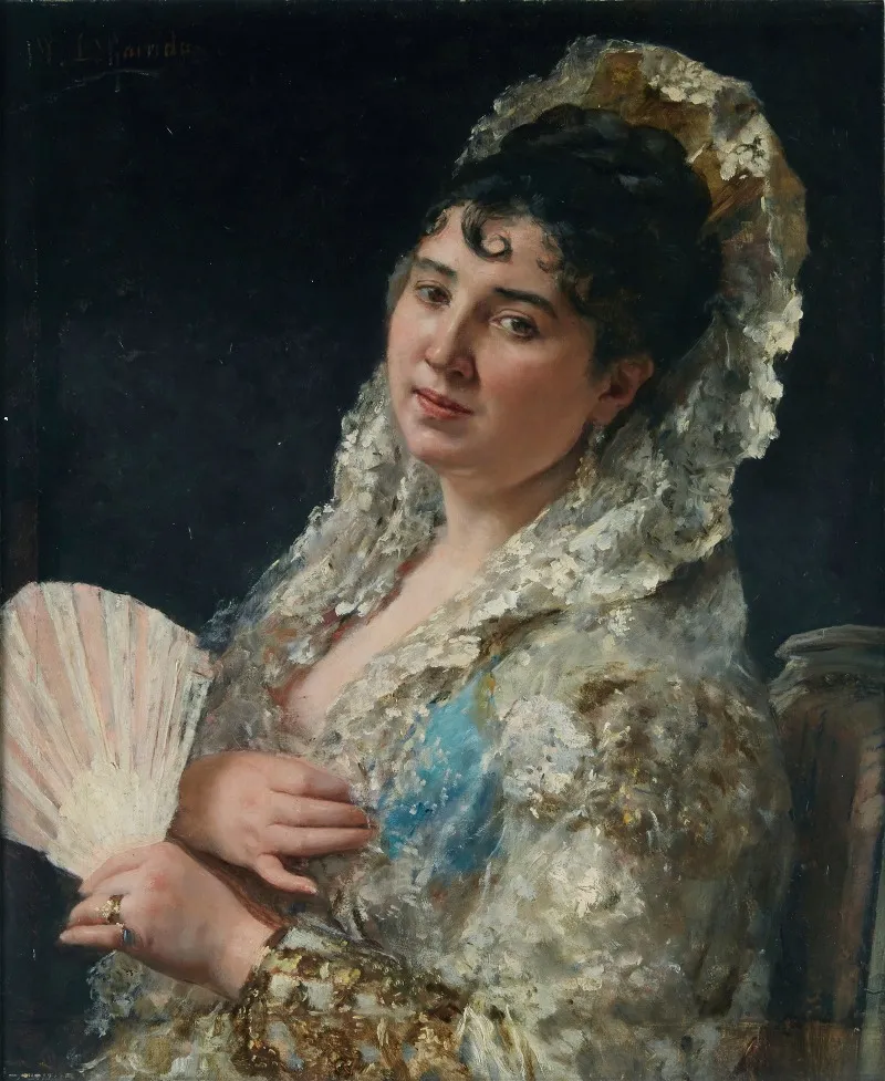 A Portrait Of A Spanish Lady With A Fan Wall Art by Eduardo Leon Garrido - High-Resolution Digital Print