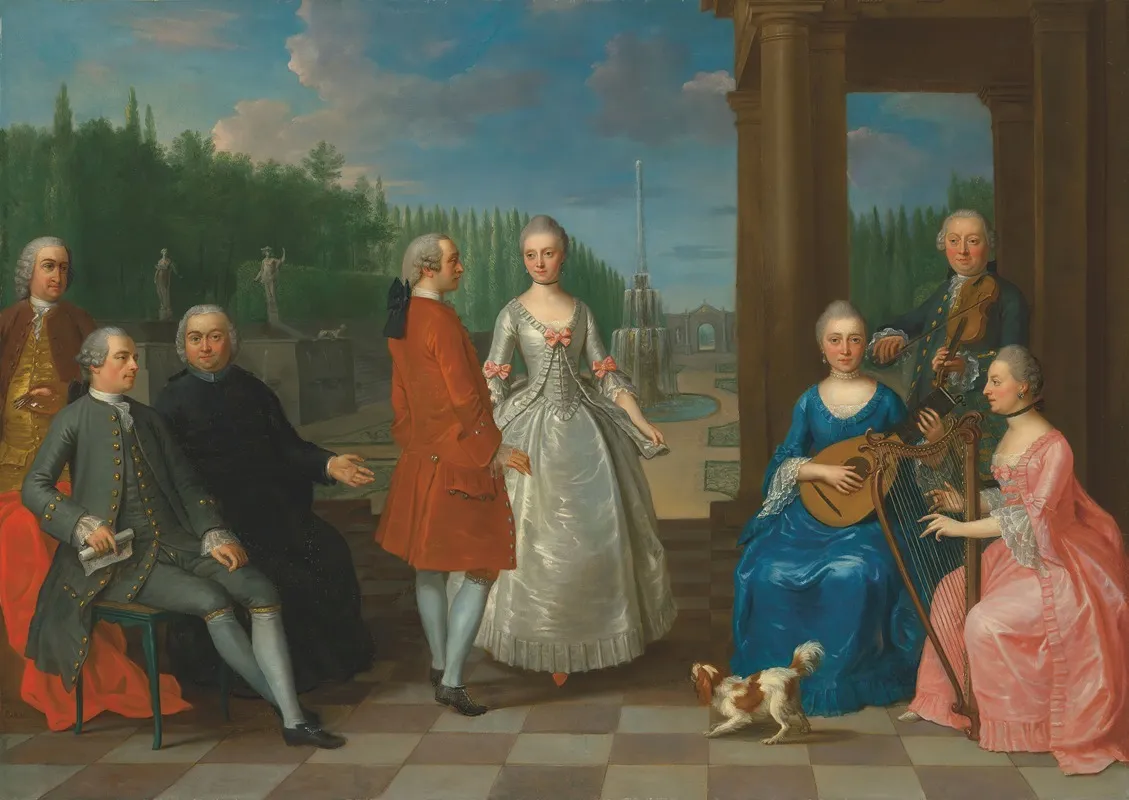 A Portrait Of Jacques Jean Cremers 1736 After 1803 And His Wife Dancing On A Garden Terrace Surrounded By Other Members Of The Family Playing Music Wall Art by Balthasar Beschey - High-Resolution Digital Print
