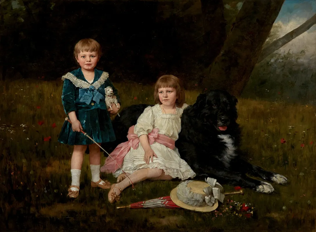 A Portrait Of Two Children With Their Favorite Dog In A Flowering Landscape