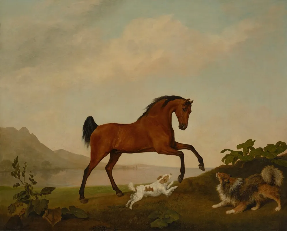 A Prancing Horse With Two Dogs In A Landscape Wall Art by George Stubbs - High-Resolution Digital Print
