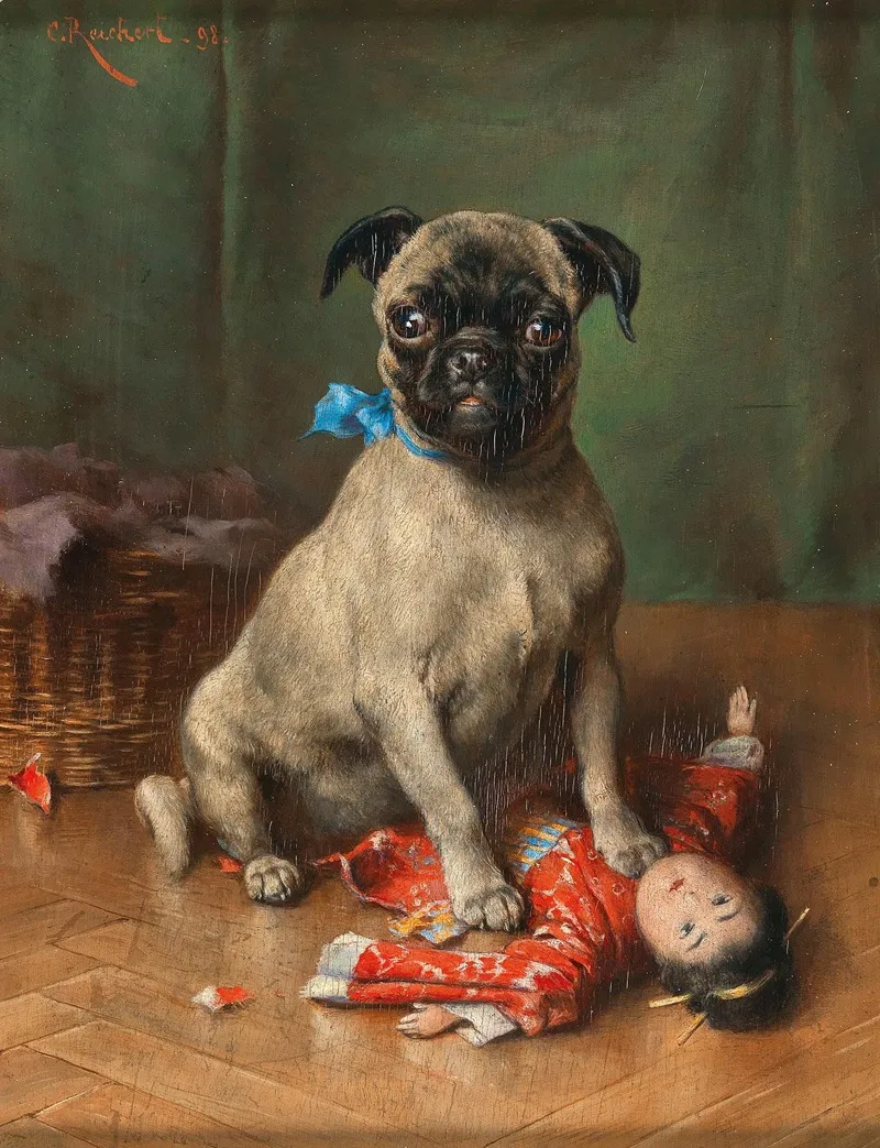 A Pug With A Japanese Doll Wall Art by Carl Reichert - High-Resolution Digital Print