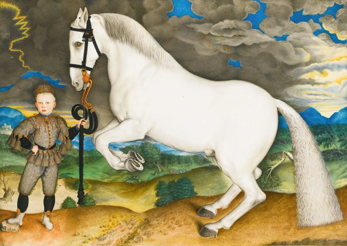 A Rearing Horse Held By A Lavishly Dressed Groom In A Stormy Landscape Wall Art by Prague School - High-Resolution Digital Print