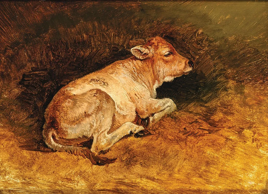 A Reclining Calf Wall Art by Friedrich Gauermann - High-Resolution Digital Print