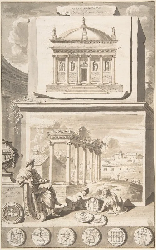 A Reconstruction Of The Aedes Concordiae Above And A View Of The Ruins Below Wall Art by Jan Goeree - High-Resolution Digital Print